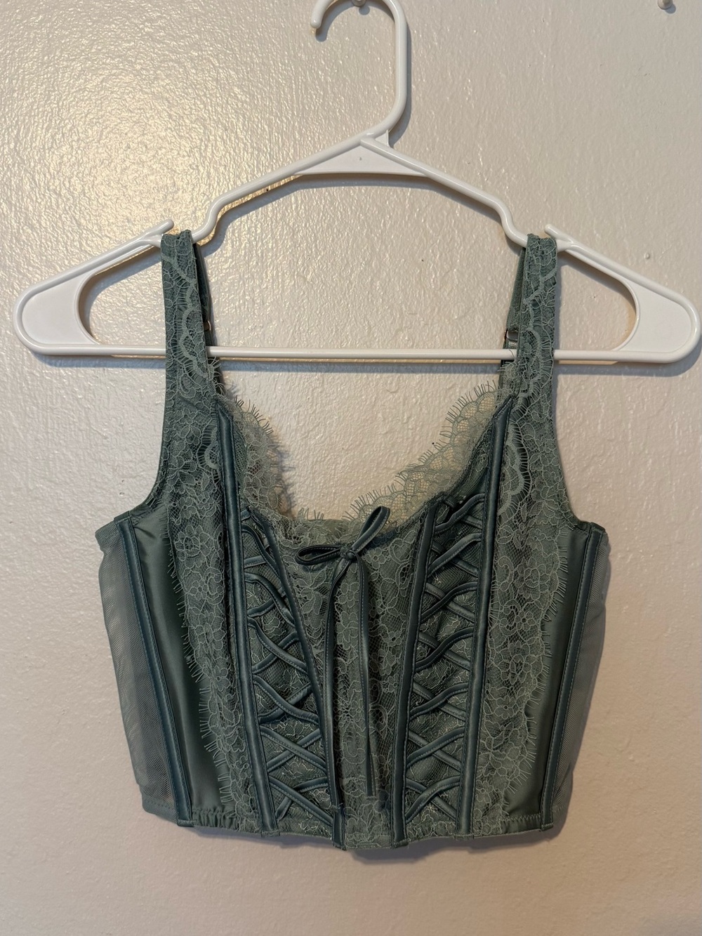 Victorias Secret Lace-Trim Corset Tank Top in Sage Green